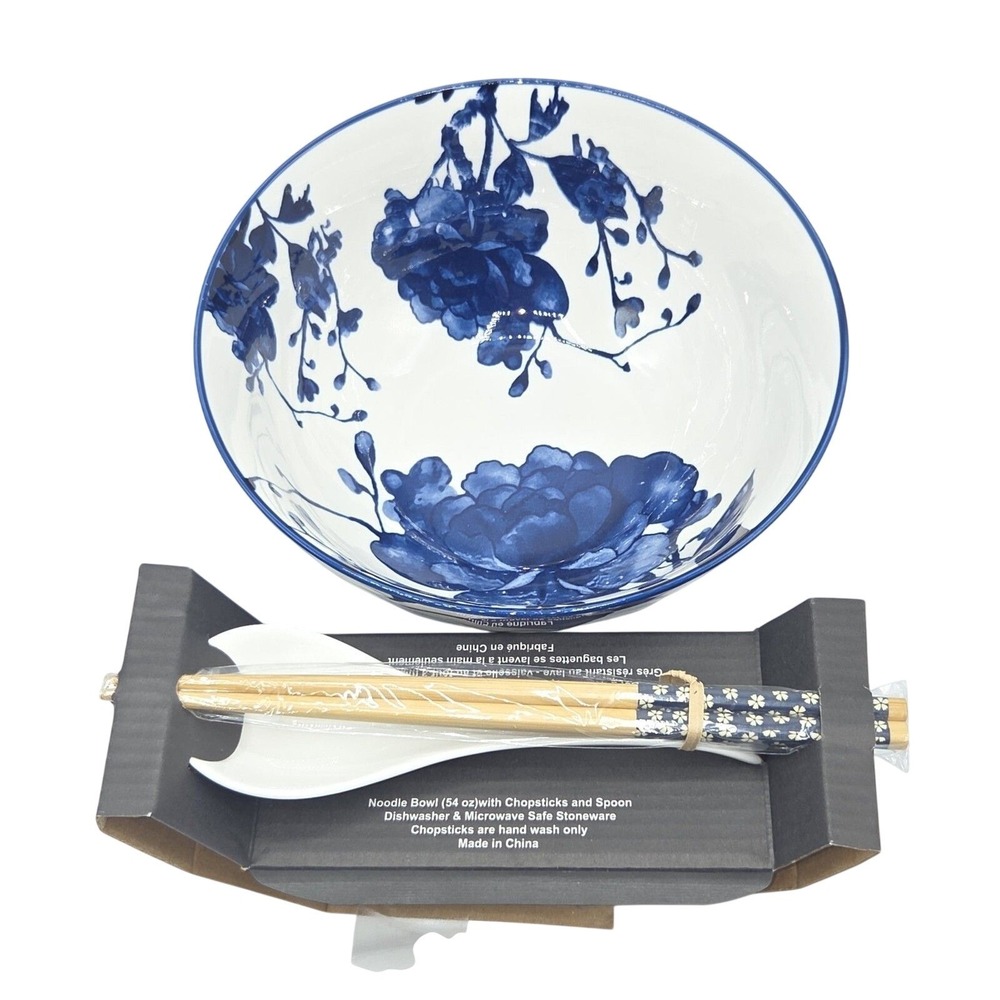 SH Home Blue Peony Ceramic Ramen Noodle Bowl 54oz With Chopsticks And Spoon 4pc